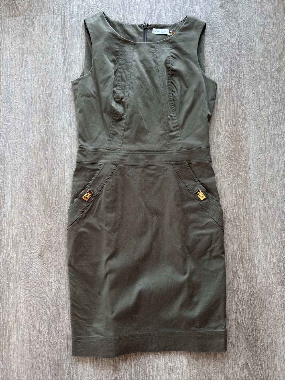 Calvin Klein Olive Green Sleeveless Midi Dress Size 6 Office Workwear